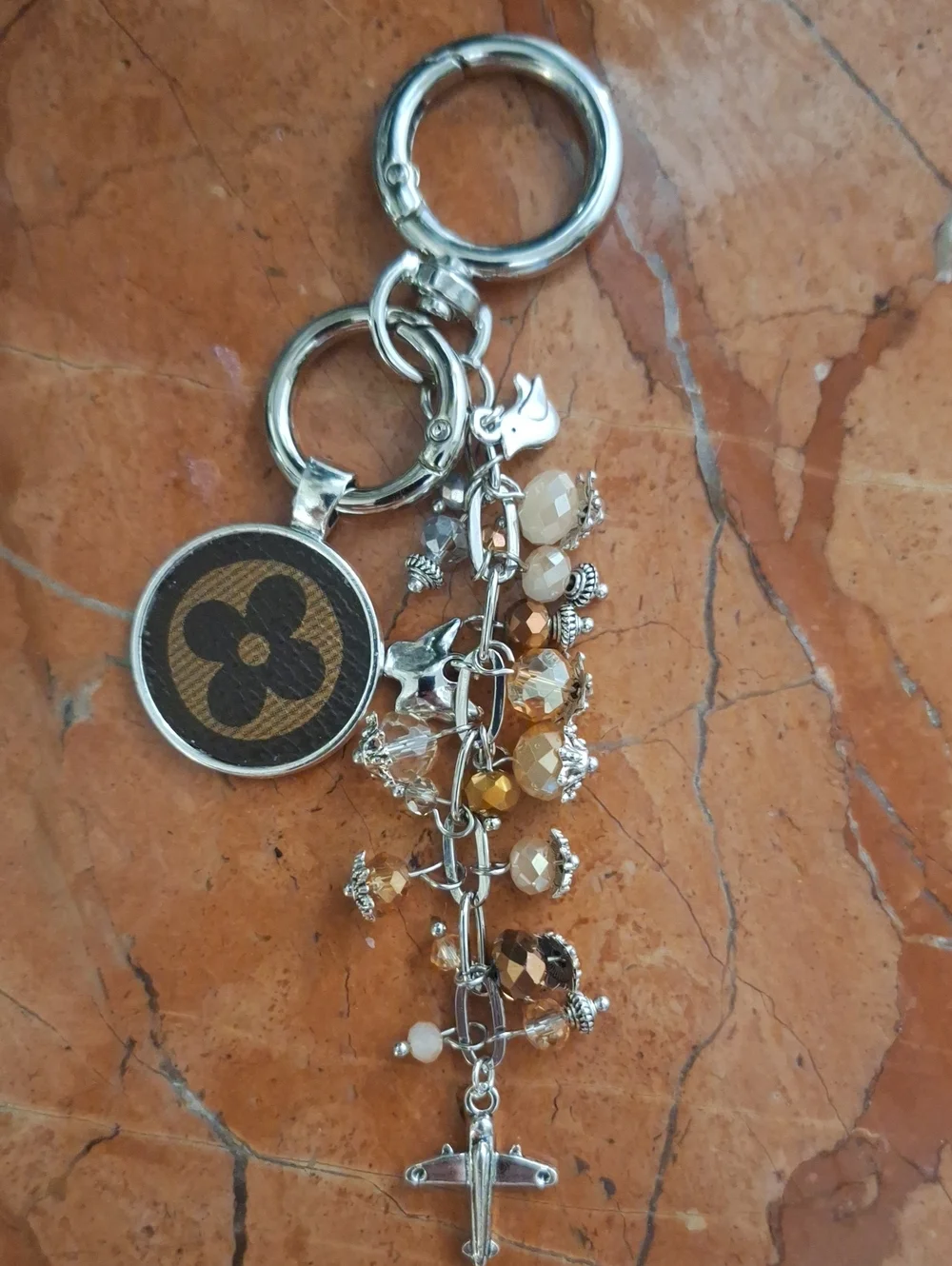 Designer-upcycled Brown and Silver Beaded Dangle Keychain Bag Charm